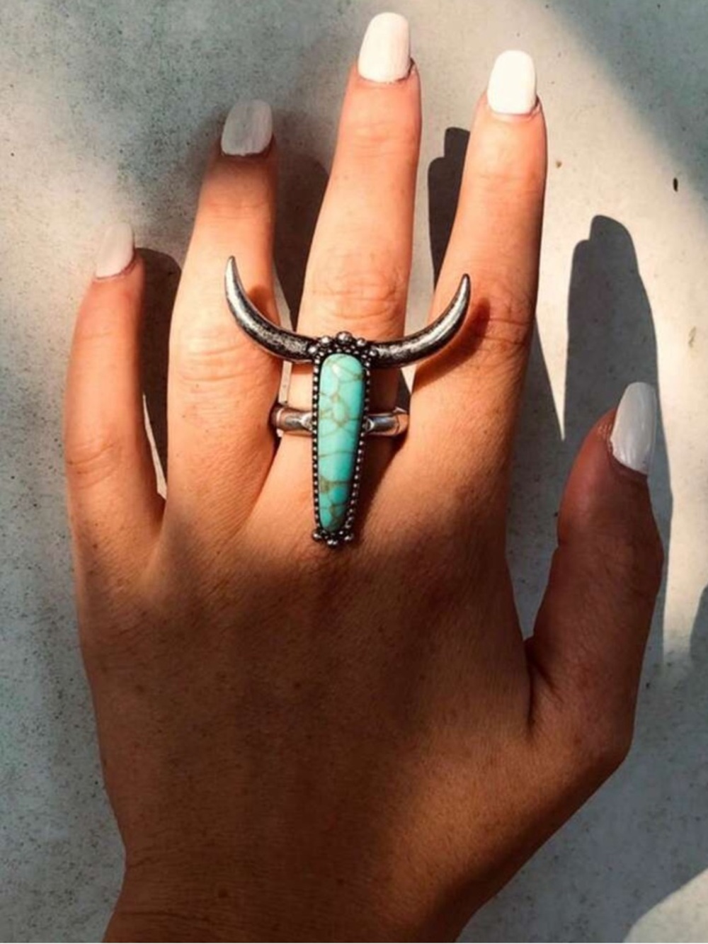 Western Cowboy Style Bull Head Faux Turquoise Adjustable Ring - Picture 4 of 10